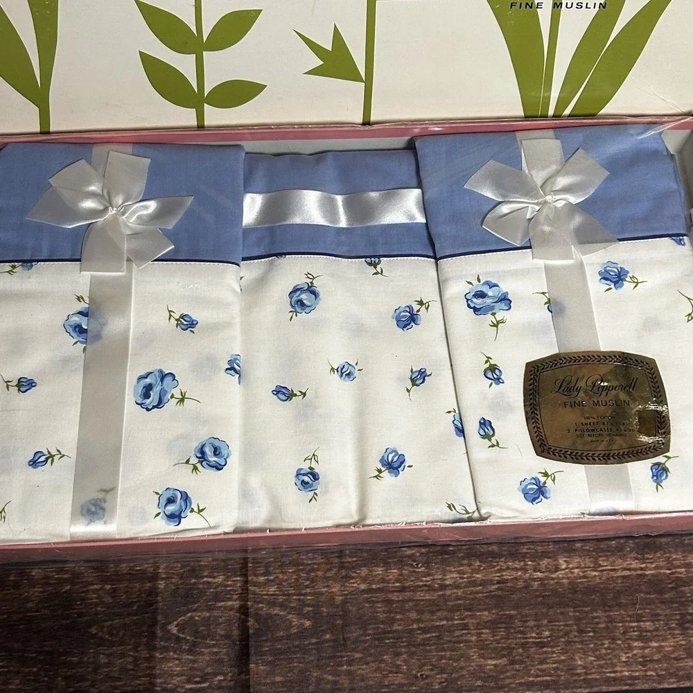 Vtg Lady Pepperell Fine Muslin Full Sheet Set Blue Floral Rose MCM 1950s NOS Box